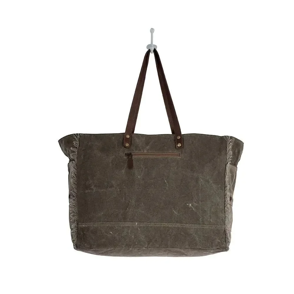 Myra Bag Handmade High Trails Weekender Bag Upcycled Canvas & Cowhide Leather